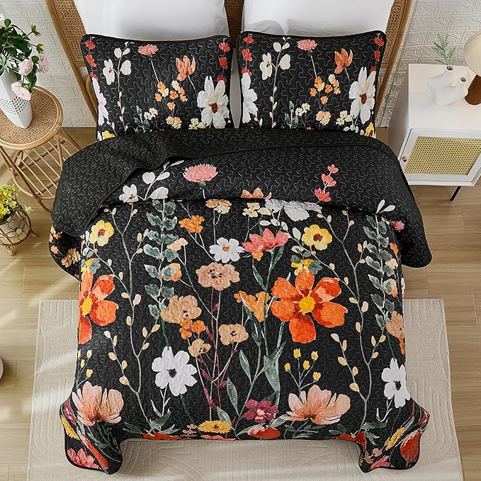 Anibedding Black Quilt Set King Size, Colorful Floral Bedspread with 2 Pillowcases, Soft Microfiber Lightweight Coverlet Bedding Set for All Season(104"x90")