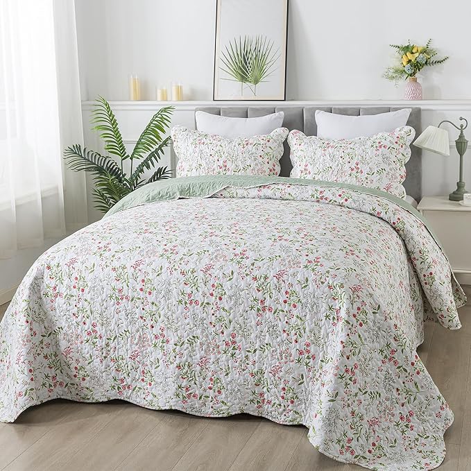 HoneiLife Floral Quilt King Size - 3 Pieces Microfiber Quilt Sets Lightweight Bedspreads Wildflower Coverlets Nature Bed Cover King Quilt Bedding Set All Season Quilts