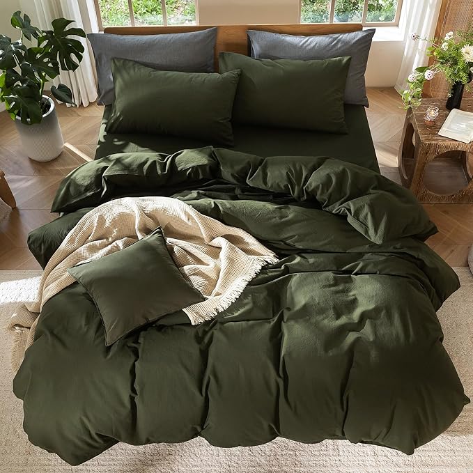 MooMee Bedding Duvet Cover Set 100% Washed Cotton Linen Like Textured Breathable Durable Soft Comfy (Solid Olive Green, Full 80"x90")
