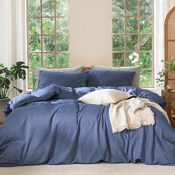 MooMee Bedding Duvet Cover Set 100% Washed Cotton Linen Like Textured Breathable Durable Soft Comfy (Heathered Blue, Full 80"x90")