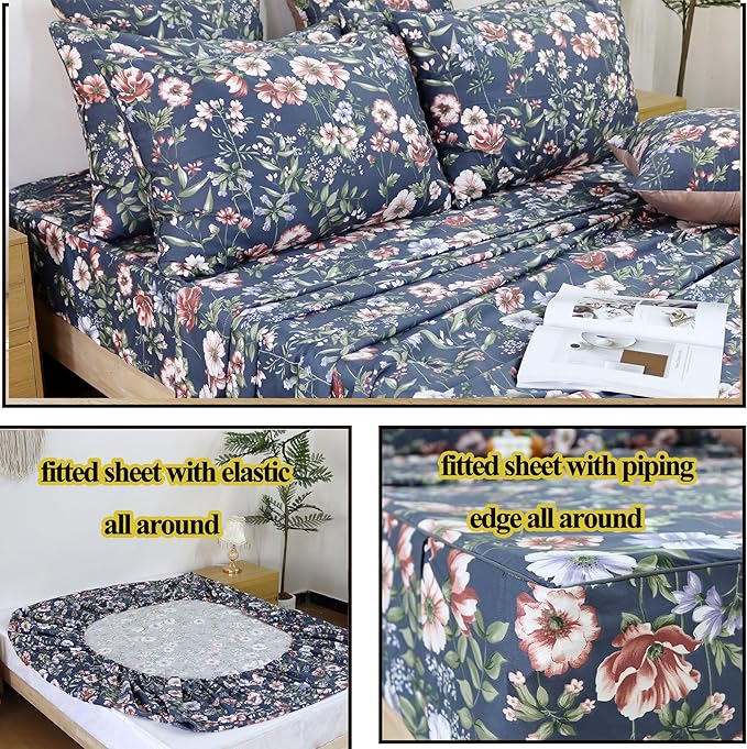 FADFAY Sheets Set Cal King Vintage Dark Blue Floral Bedding Shabby Peony Floral Sheets French Country Bedding 800 Thread Count 100% Egyptian Cotton Deep Pocket Fitted Sheet 4Pcs, California King Size