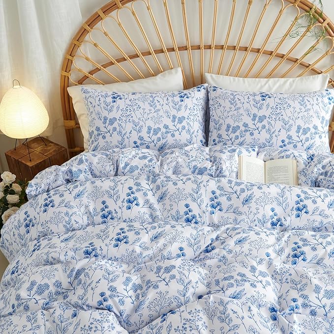 Nayoroom Blue Floral Duvet Cover Queen Size Cottagecore Botanical Flower Spring Comforter Cover 3 Pcs Soft Breathable Microfiber Pastoral Aesthetic Bedding Set Gift for Women