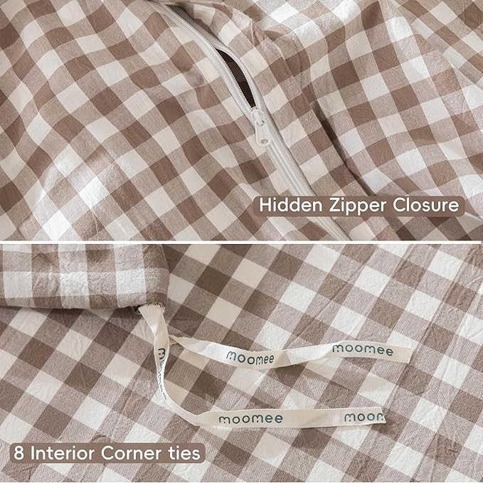 MooMee Gingham Duvet Cover Set 100% Washed Cotton Linen Like Textured Breathable Durable Soft Comfy Modern Checkered Design (Brown Gingham, Super King 108"x98")