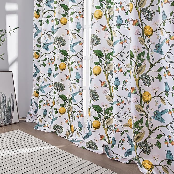 Pinch Pleated Curtains Floral Cottage Core Curtains for Living Room 90 Inches Long Blue and White Vintage Hummingbird Lemon Blackout Drapes for Bedroom with Hooks Set 2 Panels