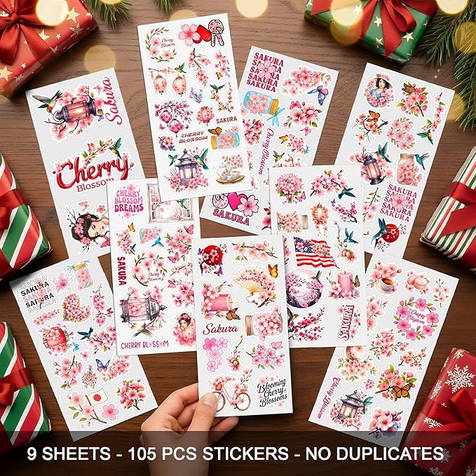 105 PCS Cherry Blossom Stickers Pack, Sakura Floral Pink Vinyl Waterproof Decals, Flower Laptop Water Bottle Scrapbook Sticker Gift for Teens Adults Birthday Christmas