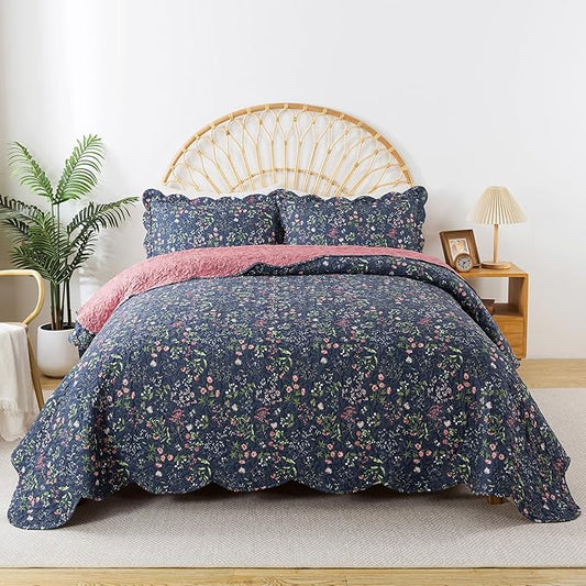 HoneiLife Floral Quilts King Size - Microfiber Coverlets 3-Piece,Lightweight Bed Cover King Quilt Bedding Set All Season Quilts-Flower Sea