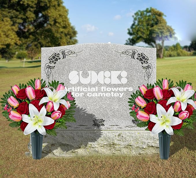 SUHOOKOO Artificial Cemetery Flowers for Outdoor Grave Decorations - Non-Bleed Colors, and Easy Fit - Pink Tulip，White Lily and Red Rose Bouquet