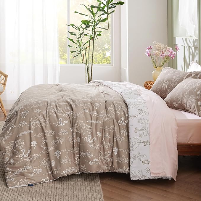 Bedsure Queen Comforter Set - Light Taupe Bed Set, 3 Pieces Cute Floral Bedding, 1 Soft Reversible Botanical Flowers Comforter and 2 Pillow Shams