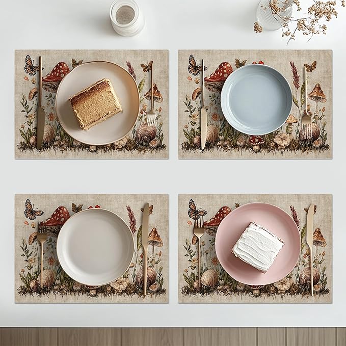 Rustic Mushroom Placemats Set of 6 Washable Table Mats Vintage Botanical Leaf Heat-Resistant Cotton Linen Place Mats for Dining Table Kitchen Indoor Outdoor Party Holiday Decor