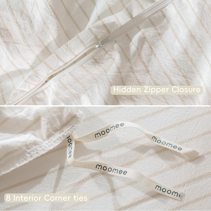MooMee Striped Duvet Cover Set 100% Washed Cotton Linen Like Textured Breathable Durable Soft Comfy (White Almond Milk Grey Wide Stripes, Palatial King/Oversized King 120"x98")