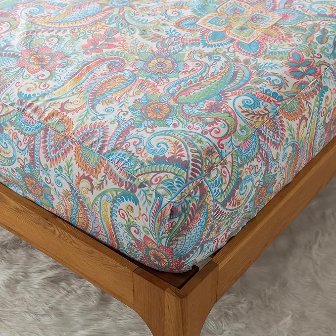 Zusbest California King Floral Sheets 100% Cotton Pink Green Paisley Bed Sheet Set Watercolor Bedding Luxury Soft Breathable Crispy Cooling Percale Sheets 17.5'' Deep Pocket Sheets Cal King, 4 Pieces