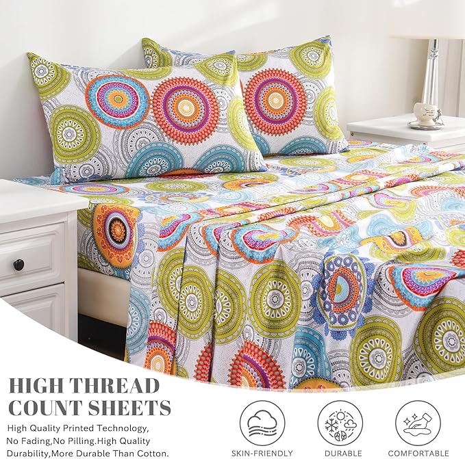 Bedlifes King Sheet Set Ultra Soft, Breathable, Silky Flower Deep Pocket 100% Microfiber Bedding, 4 Piece King Size Mandala Patterned