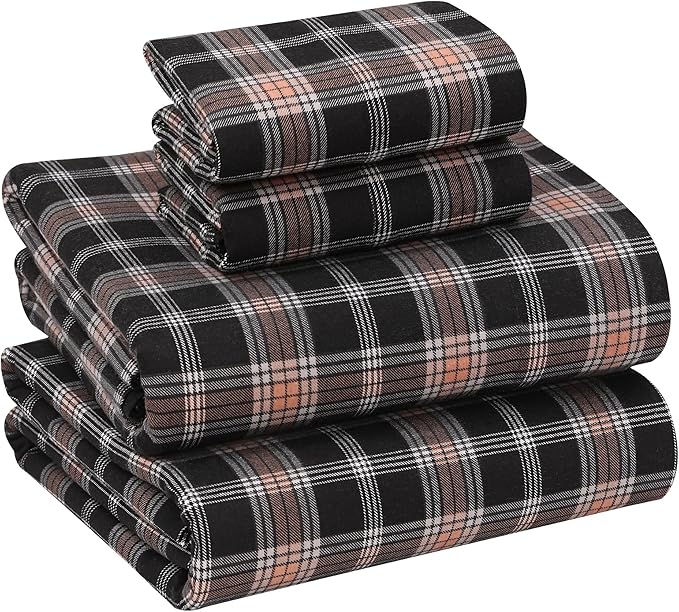 RUVANTI Flannel Sheets Full Size - 100% Cotton Double Brushed Bed Sheets Set, Deep Pockets 16 Inches, All Seasons Breathable & Extra Soft Full Sheets, Warm & Cozy, 4 Piece, Peach & Black Plaid