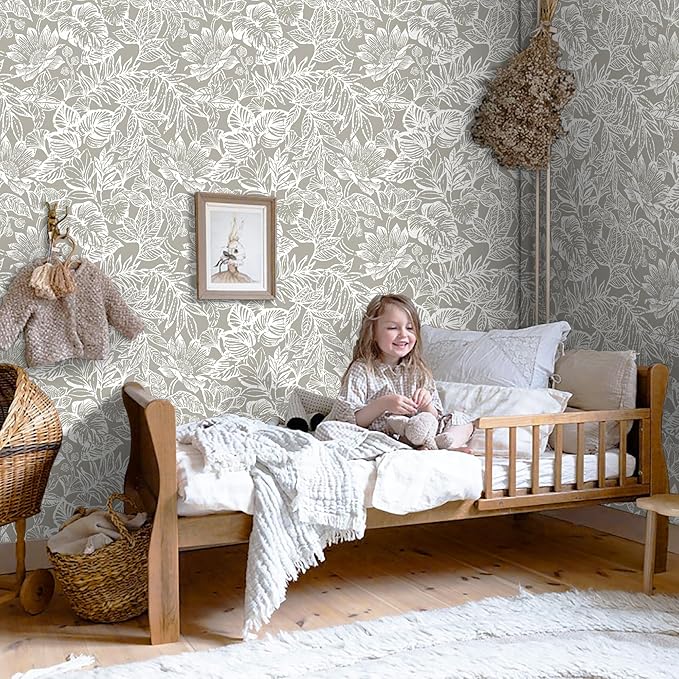 Peel and Stick Wallpaper Vintage Wall Paper Boho Contact Paper Bedroom Bathroom Wallpaper Peel and Stick Grey Brown Tropical Leaf Removable Self-Adhesive Wall Decor 17.3" x 197"