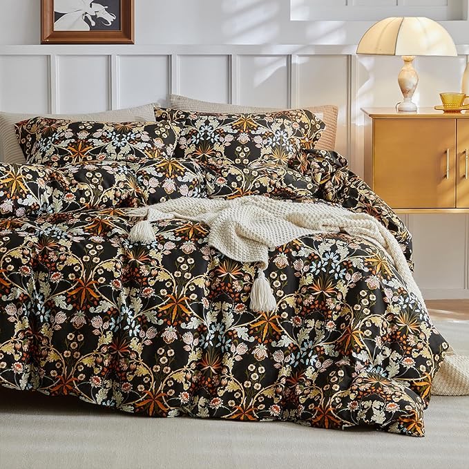 mixinni Duvet Cover Full Size, Cotton Percale Farmhouse Bedding Sets Soft Aesthetic Flowers Plants Comforter Cover for All Season, 3 Pieces Cute Floral Bedding Comforter Set for Women-Full Size