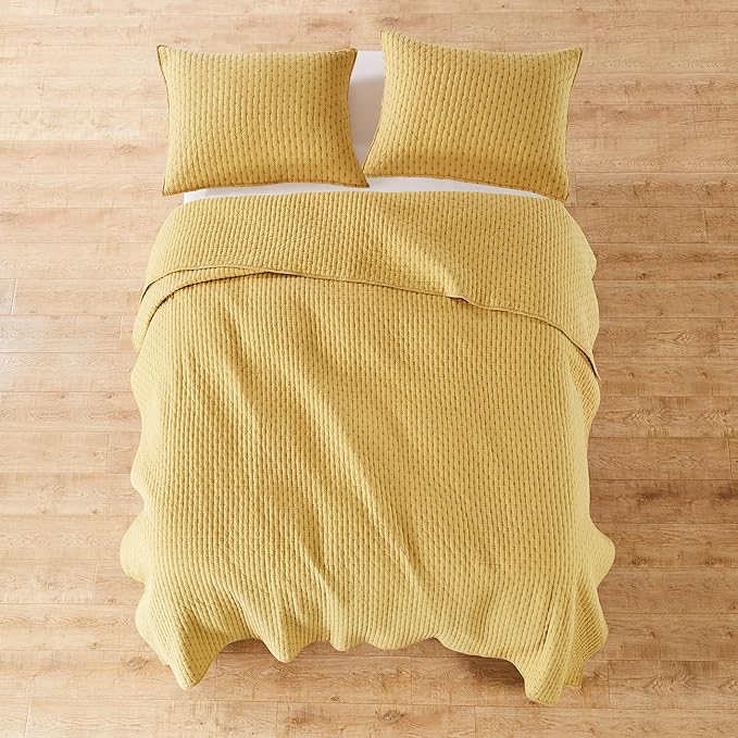 Levtex Home Cross Stitch Reversible King/Cal King Quilt Set (106x92in) with 2 Pillow Shams (36x20in) - Stitch Texture - Ochre - Cotton King Size Quilt Bedding Set - Lightweight, Soft, Pre-Washed