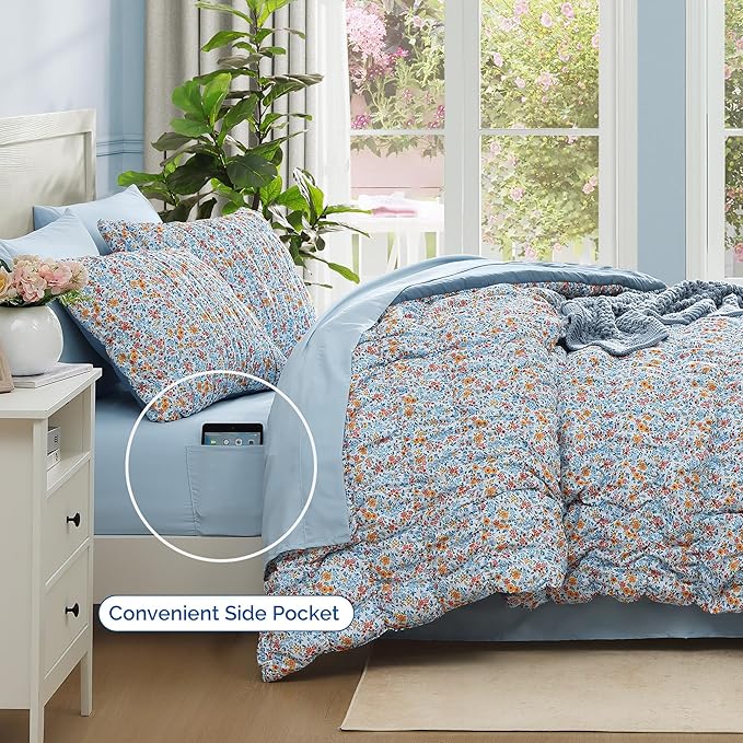 Twin XL Comforter Set - 5 Pieces Puff Blue Marigold Floral Bedding Set for All Seasons, Shabby Chic Farmhouse Bed in a Bag Twin XL with Floral Comforter, Sheets, Pillowcases & Shams