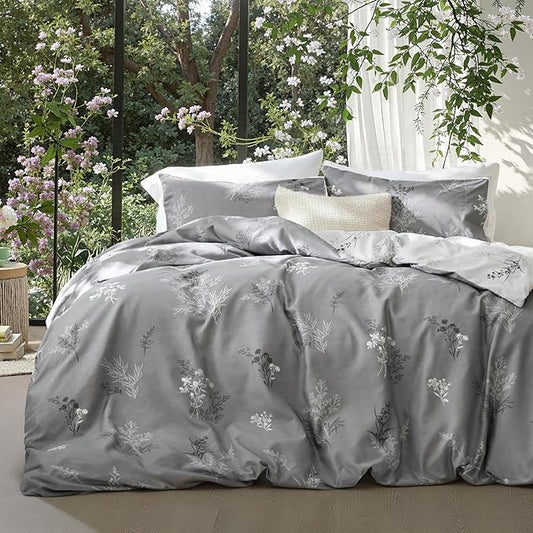 Bedsure Duvet Cover Twin Dorm Bedding - Reversible Floral Duvet Cover Set with Zipper Closure, 2 Pieces Grey Bedding Set with 8 Corner Ties and 1 Pillowcase 20"x26"