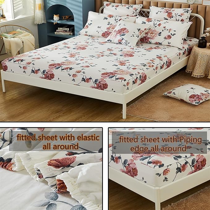 FADFAY Sheets Set Twin Shabby Beige Floral Bedding Elegant Peony Sheets Set Vintage Flower Bedding Collections Soft 100% Egyptian Cotton 800 Thread Count Deep Pocket Fitted Sheet, 4Pcs-Twin Size