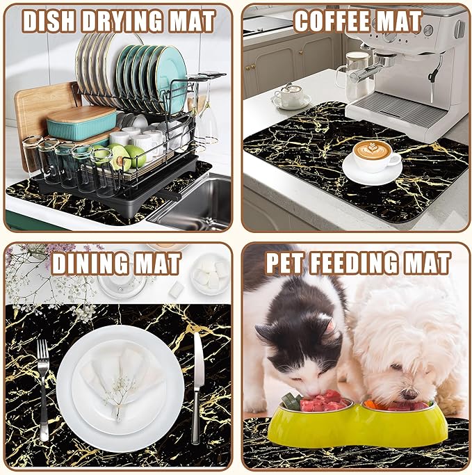 Dish Drying Mat Black and Gold Marble Coffee Bar Mat for Countertop Absorbent Rubber Backed Hide Stain Dish Drainer Rack Pad Coffee Maker Espresso Machine Dining Room Decoration 11.8 x 19.7 Inch