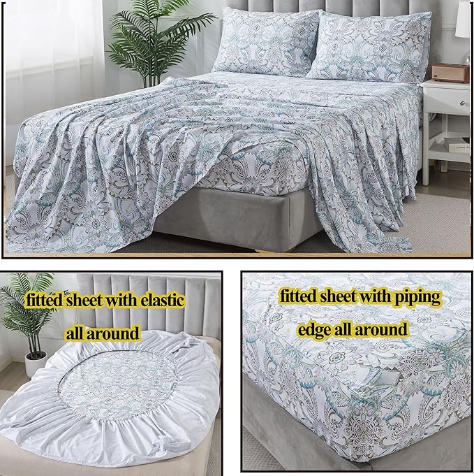 FADFAY Blue Paisley Sheets Set Twin XL Boho Paisley College Bedding Luxurious Bohemian Damask Paisley Dorm Bedding 100% Egyptian Cotton 800 Thread Count Deep Pocket Fitted Sheet 4Pcs, Twin XL Size