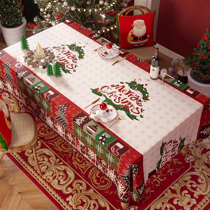Christmas Rectangle Table Cloth,100% Waterproof Tablecloth,Christmas Decorations for Home, Vinyl Tablecloth Plastic Table Cover for Party，Picnic,Dining,Outdoor 54" x 120",Frosted Wreath