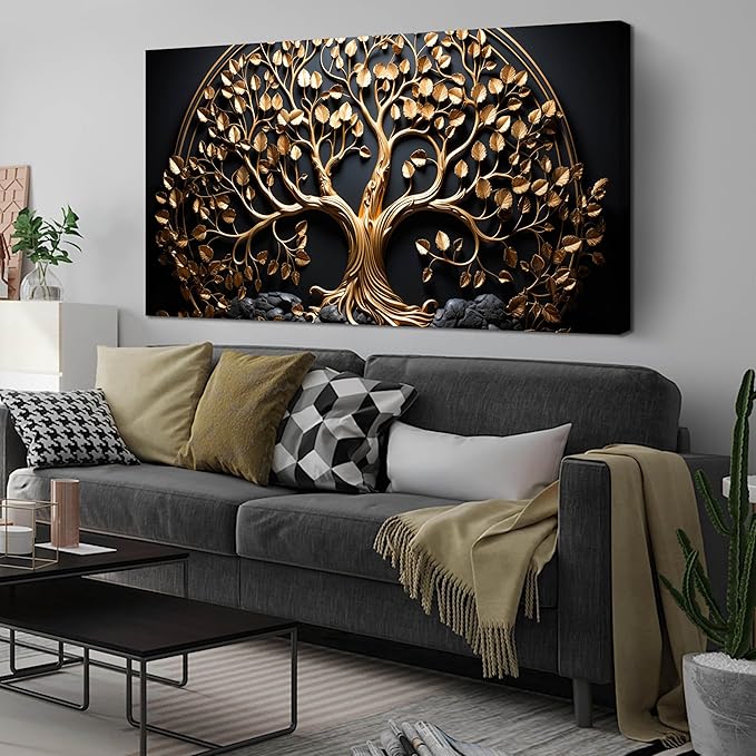 Tree Pictures Wall Decor Bedroom Black and Gold Wall Art for Living Room Large Wall Art for Office Large Size 29" x 58"