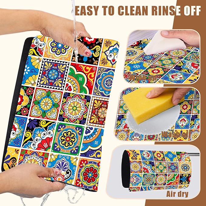 Talavera Mexican Tiles Dish Drying Mat for Kitchen Counter Bar Mat Hide Stain Absorbent Rubber Backed Coffee Mat Maker Espresso Machine Bar Accessories 15.7 x 23.6 Inch