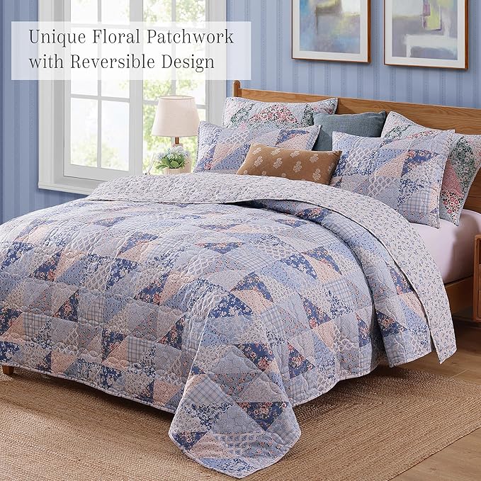 Quilt Set Twin Size, Patchwork Blue Pink Marigold Floral Quilt Sets, Reversible Bedspread Lightweight and Breathable for All Seasons, Soft Quilted Bedspread with 1 Pillow Sham