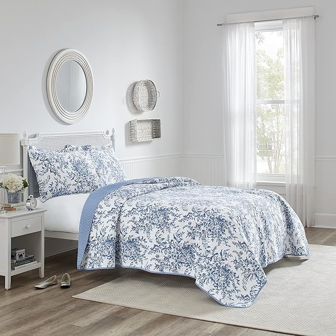 Laura Ashley - Twin Quilt Set, Reversible Cotton Bedding with Matching Sham, Medium-Weight for Year Round Use, Dorm Essentials (Bedford Delft Blue)