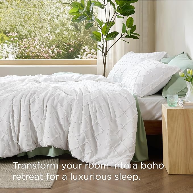 Bedsure Boho Duvet Cover Full Size - White Breathable & Soft Boho Bedding, Machine Washable Comforter Cover for All Seasons, Includes 1 Duvet Cover 80"x90" with 2 Pillow Shams & Zipper Closure