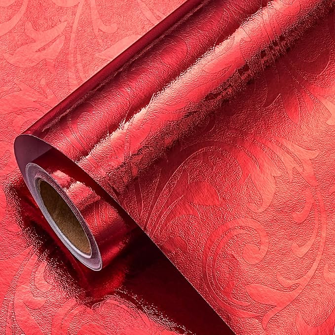 LeZakaa 3D Embossed Floral Foil Gift Wrapping Paper, Vintage Flower Metallic Foil for Birthday Christmas Party Holiday Gift Wrap, for DIY Crafts Scrapbook, Large Roll 30 inch x 32.8 Ft(Red)