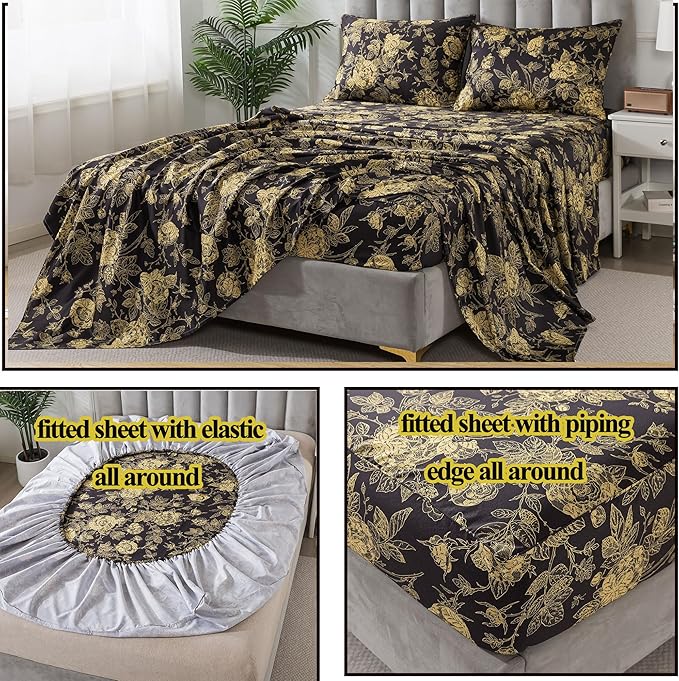 FADFAY Rose Sheets Set Queen Vintage Black Gold Floral Bedding Shabby Peony Botanical Sheets Luxury Farmhouse Bedding 800 Thread Count 100% Egyptian Cotton Deep Pocket Fitted Sheet 4Pcs, Queen Size