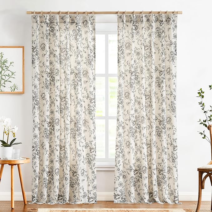 JINCHAN Pinch Pleated Curtains Floral Linen Blend Curtains for Living Room 108 Inches Length Black Peony Flower Printed Curtain Rod Pocket Back Tab Farmhouse Pinch Pleat Drapes with Hooks Set 2 Panels