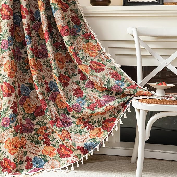 ENJOYBRIDAL Floral 96 Inch Curtains Semi Sheer Long Drapes Bedroom Rod Pocket Jacquard 2 Panels Window Curtains Farmhouse Boho Tassel Patterned Living Room Botanical Window Treatments