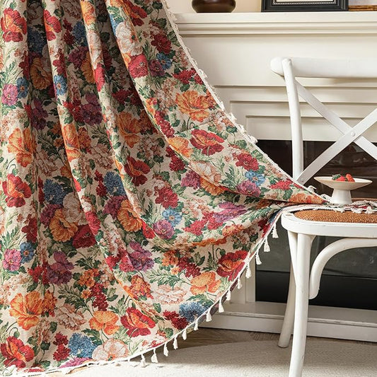 ENJOYBRIDAL Floral 96 Inch Curtains Semi Sheer Long Drapes Bedroom Rod Pocket Jacquard 2 Panels Window Curtains Farmhouse Boho Tassel Patterned Living Room Botanical Window Treatments