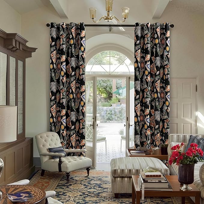 XiDi Dark Black Floral Blackout Curtains 96 Inches Long for Living Dining Room 2 Panels Patterned Curtains Decorative Thermal Insulated Luxury Vintage Flower Botanical Printed Grommet Drapes 52x96
