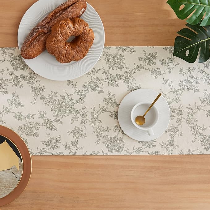 100% Cotton French Pastoral Table Runners, 13x48 Inch Green Farmhouse Table Runners 48 Inches Long, Vintage Flowers Print Home Decors
