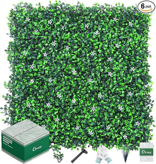 12PCS Grass Wall Panel with Flowers, 20x20inch Boxwood Panels, Grass Backdrop, Privacy Hedge Screen, UV Protected Wall Backdrop for Outdoor Garden and Indoor Home Wedding