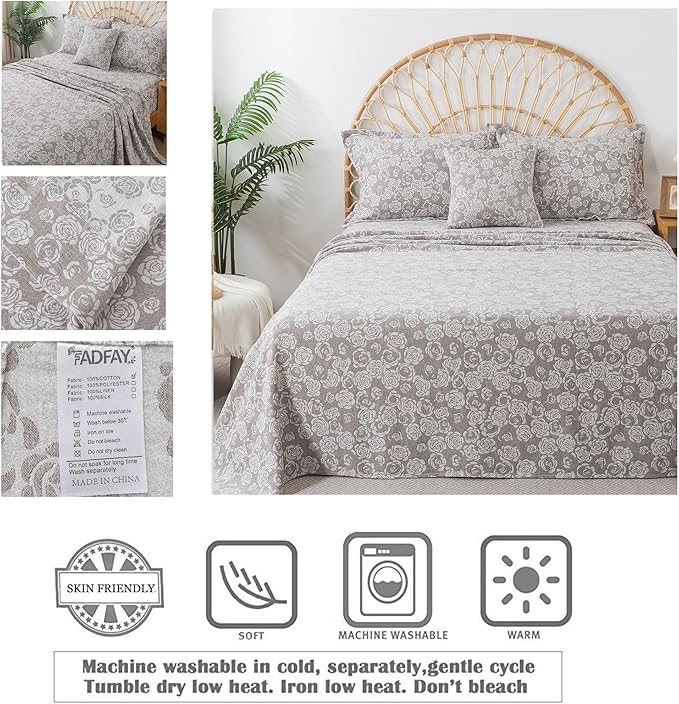 FADFAY Rose Sheets Set Queen Vintage Curry Floral Bedding Shabby Farmhouse Bedding Super Soft Washed Double -Layer Muslin Sheets Luxury 100% Cotton Breathable Deep Pocket Fitted Sheet 4Pc, Queen Size