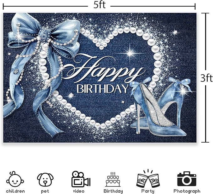 Denim and Diamonds Bow Backdrop 5Wx3H Photography Silver High Heels Happy Birthday Banner Pearl for Women Girls Background Blue Coquette Party Decorations Banner Photo Booth Props Supplies