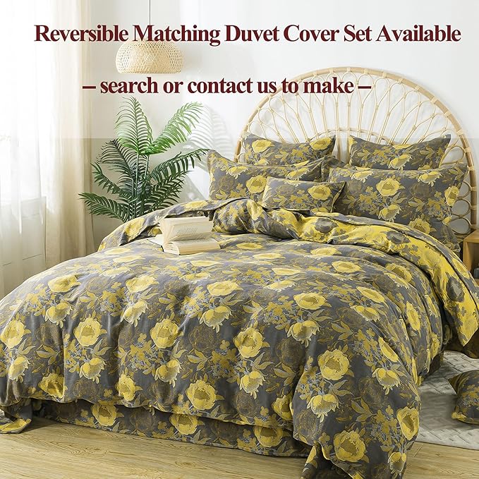 FADFAY Floral Sheets Set Queen Vintage Grey Yellow Floral Bedding Shabby Peony Farmhouse Bedding Super Soft Washed Double -Layer Muslin Sheets 100% Cotton Deep Pocket Fitted Sheet 4Pcs, Queen Size