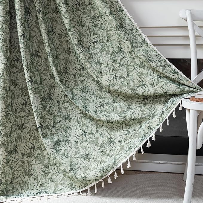 ENJOYBRIDAL Green Leaf 96 Inch Curtains 2 Panel Sets Farmhouse Long Drapes Semi Sheer Rod Pocket Bedroom Rustic Window Curtain Panels Living Room Boho Aesthetic Country Tassel Window Treatments