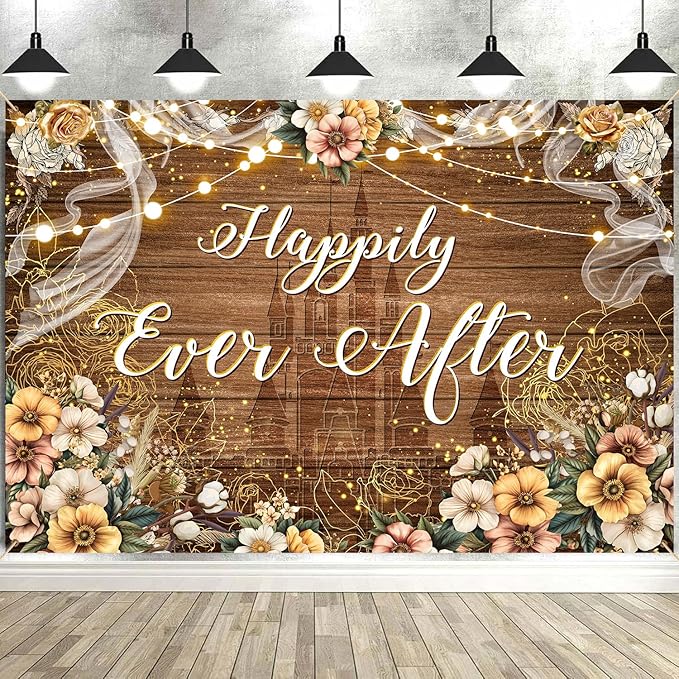 Happily Ever After Backdrop Bridal Shower Wedding Party Brown Wood Photography Background Boho Floral Golden Rose Dots Wedding Decor Banner Portrait Photo Booth Studio Props 9x6ft FU072YL