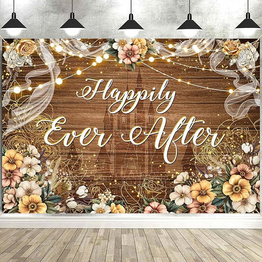 Happily Ever After Backdrop Bridal Shower Wedding Party Brown Wood Photography Background Boho Floral Golden Rose Dots Wedding Decor Banner Portrait Photo Booth Studio Props 9x6ft FU072YL