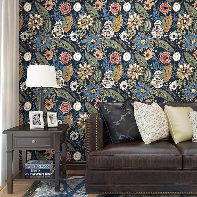 Blue Wallpaper Peel and Stick,Vintage Boho Floral Contact Paper 17.5" x 118", Retro Botanical Flower Wall Paper Self Adhesive Removable Waterproof for Walls Shelves Cabinet Table (Blue,Yellow, Green)