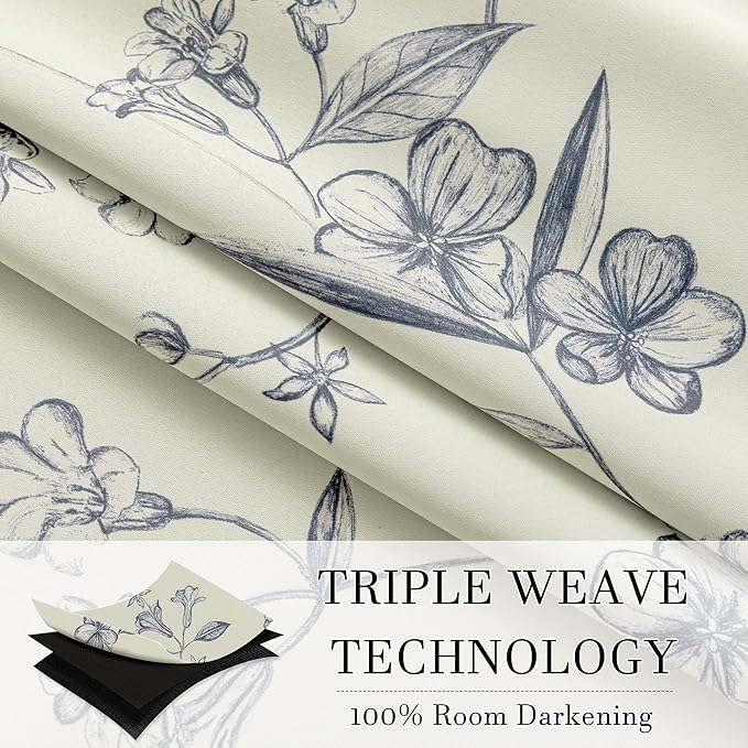 ChrisDowa Beige 100% Blackout Curtains 72 Inches Long 2 Panels for Bedroom Living Room Navy Blue Flower Patterned Room Darkening Thermal Insulated Soundproof Grommet Window Treatments Drapes,52X72