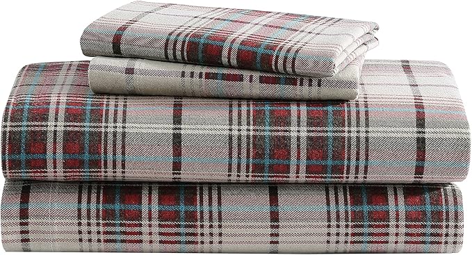 Eddie Bauer - Flannel Sheets Twin Size, Anti-Pilling & Wrinkle Resistant Cotton, Touchably Soft for All-Season Comfort - Bed Sheets with Matching Pillowcases & Fitted Sheet (Montlake Plaid Red)