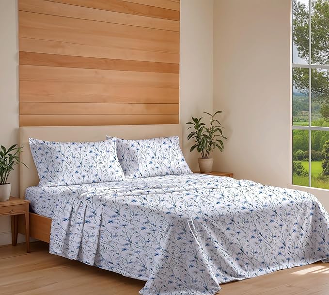RUVANTI 100% Organic Cotton Sheets California King, Percale Weave, GOTS Certified, 4-Piece Set, Deep Pocket 13", Crisp & Breathable, Soft Durable Bedding, Sábanas Algodón Orgánico – Daisy Bud