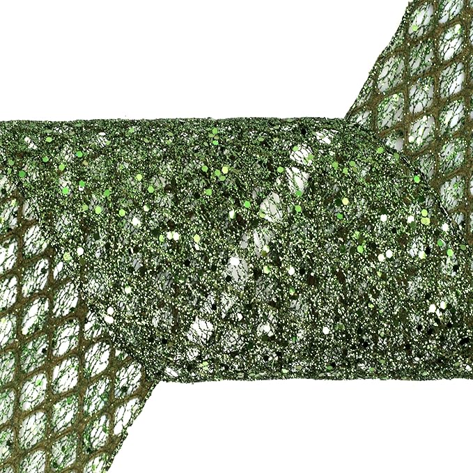 VATIN 6" Moss Green Christmas Ribbon, Green Glitter Mesh Diamond Web Sequin Dots Wired Christmas Ribbon for Gift Wrapping Bow Making Wreath Supply-10 Yards